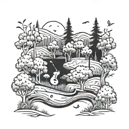 A forest landscape with golf holes as trees and musical instruments hidden within the scenery tattoo design idea