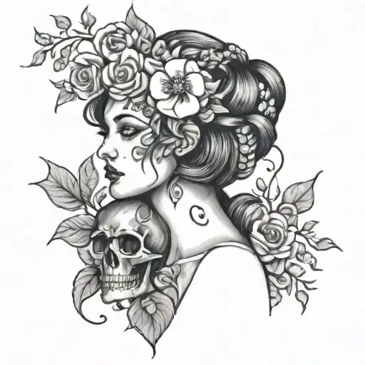 persephone with skulls and flowers tattoo design idea