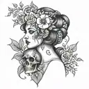 persephone with skulls and flowers tattoo design idea