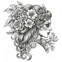 persephone with skulls and flowers tattoo design idea
