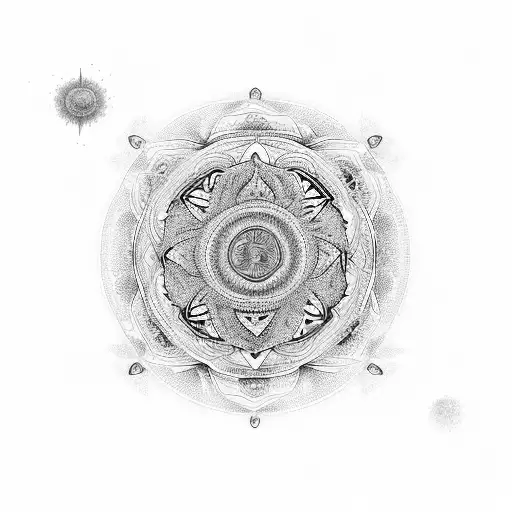 A black-grey tattoo of a DJ mixing music on turntables, surrounded by spiritual symbols like mandalas and lotus flowers, reflecting the client's interests in music and spirituality. tattoo design idea