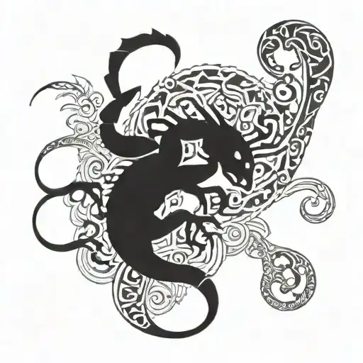 Scorpion and cat on a tribal patterns background tattoo design idea