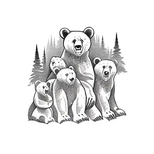 A family of 4 bears in the mountain wilderness. Sequoia trees, rushing River, and majestic views.  tattoo design idea