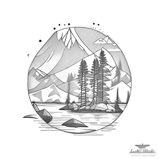 Lake Tahoe scene view at sunset chest tattoo, only left pectoral tattoo design idea