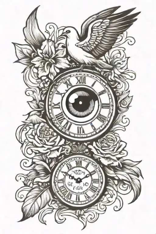 eye, clock face, family, dove flying, iris flower tattoo design idea