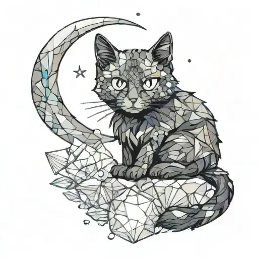 A mystical crystal cluster with a black cat peeking out from behind it with a crescent moon in the center tattoo design idea