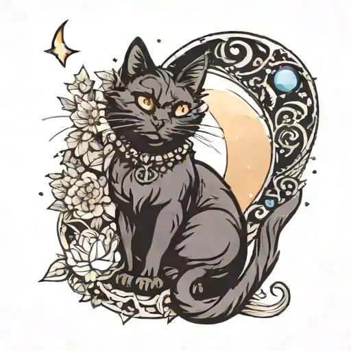 A mystical crystal cluster with a black cat peeking out from behind it with a crescent moon in the center tattoo design idea