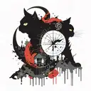 A mystical crystal cluster with a black cat peeking out from behind it with a crescent moon in the center tattoo design idea