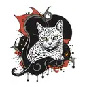 A mystical crystal cluster with a black cat peeking out from behind it with a crescent moon in the center tattoo design idea