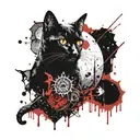 A mystical crystal cluster with a black cat peeking out from behind it with a crescent moon in the center tattoo design idea