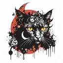 A mystical crystal cluster with a black cat peeking out from behind it with a crescent moon in the center tattoo design idea