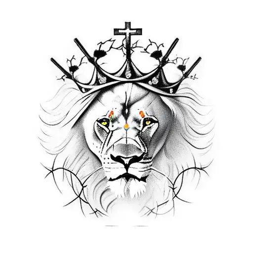 lion with a crown of thorns and feather in mane, three crosses, Joshua 24:15, Isaiah 41:10, ichthus, tattoo design idea