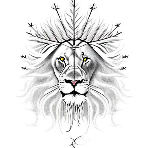 lion with a crown of thorns and feather in mane, three crosses, Joshua 24:15, Isaiah 41:10, ichthus, fire, and a heart t tattoo design idea