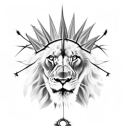 lion with a crown of thorns and feather in mane, three crosses, Joshua 24:15, Isaiah 41:10, ichthus, tattoo design idea