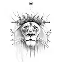 lion with a crown of thorns and feather in mane, three crosses, Joshua 24:15, Isaiah 41:10, ichthus, tattoo design idea