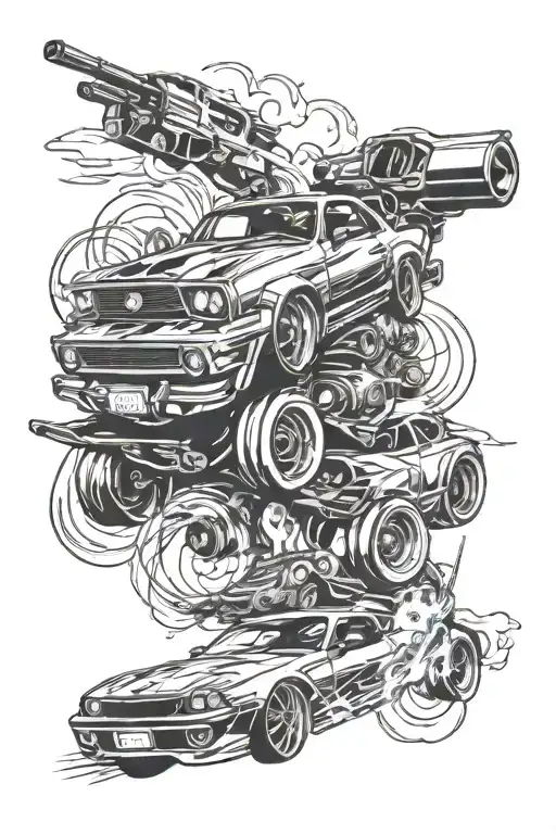 Cars drifting and moneys with guns men attitude   tattoo design idea
