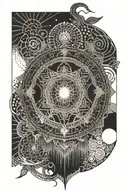 An intricate mandala design incorporating elements of Japanese architecture and engineering symbols tattoo design idea