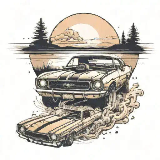 A tattoo of a vintage American muscle car driving into a sunset with a romantic couple inside, combining your love for cars and spending time with your boyfriend tattoo design idea