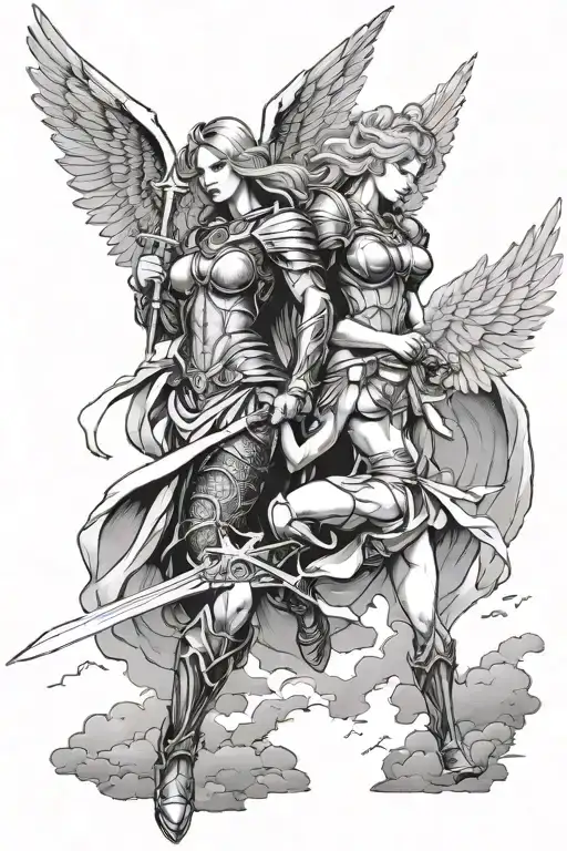 angel warrior and valkyrie together with storm clouds and city scape tattoo design idea