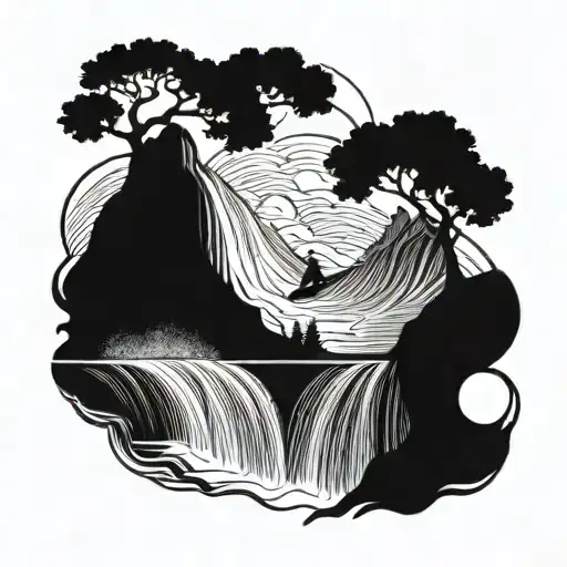 Waterfall flowing into a serene mountain lake, with a wakeboarder carving through the water tattoo design idea