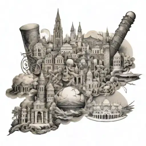 A sleeve tattoo featuring a collage of famous landmarks from the Domenican Republic, Thailand, Mexico, Shanghai, London, Italy, Egypt, Santorini, Spain, and Portugal tattoo design idea
