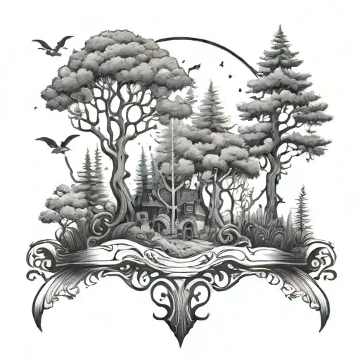 A magical forest scene with a hidden breast cancer ribbon among the trees, inspired by fantasy literature tattoo design idea