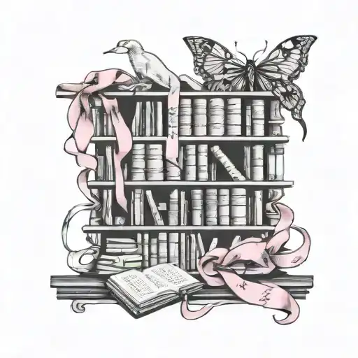 A mystical bookshelf filled with fantasy novels, with a ribbon that weaves through the books symbolizing breast cancer awareness tattoo design idea