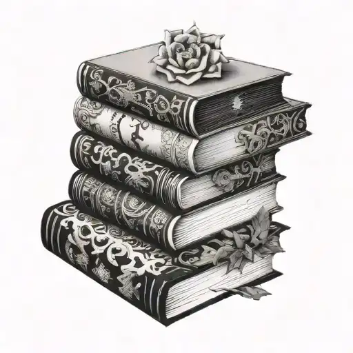 A stack of books with each book representing a different Sarah J Maas novel, with subtle blackwork details like intricate borders or symbols from the stories tattoo design idea
