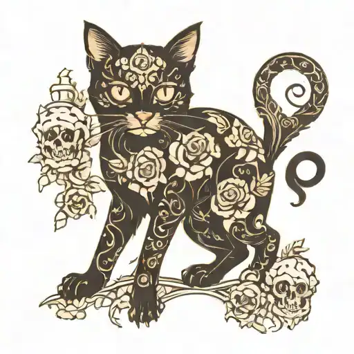 silhouette of a cat with skulls and flowers tattoo design idea