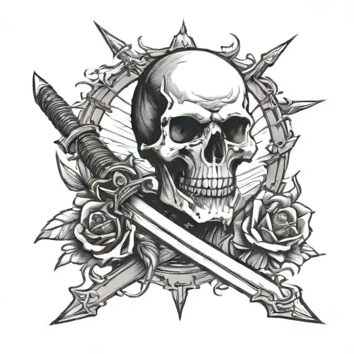 skull, papakha, crossed swords, black flag tattoo design idea
