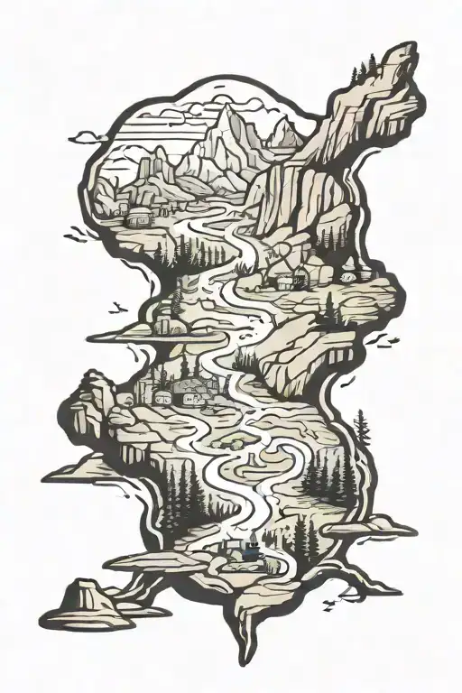 Hiking tattoo of the Swedish kings trail. Including mountains, rocky trails and streams. Only light color. tattoo design idea