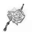 A mineral, on the right side a geological hammer, and on the left a Dutch auger, while on top has soil and plant tattoo design idea