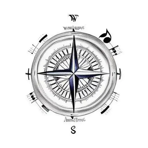 Traditional artwork of a compass with music notes, symbolizing the journey to freedom through music tattoo design idea