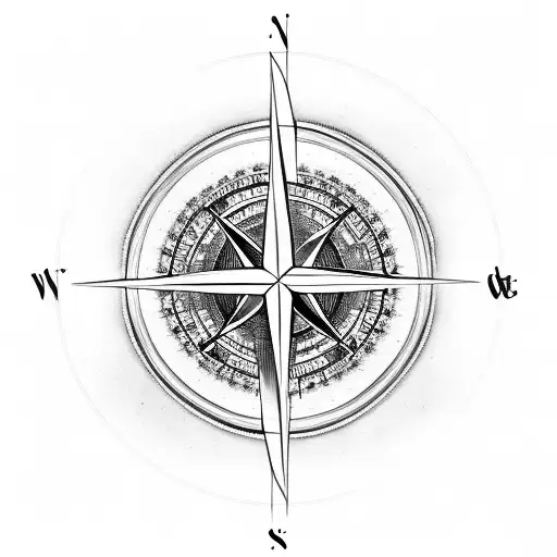 Traditional artwork of a compass with music notes, symbolizing the journey to freedom through music tattoo design idea