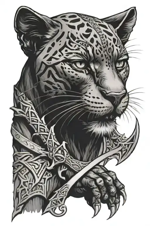 Drizzt scimitar crossed at 45 and black panther cat wrapped around them  tattoo design idea