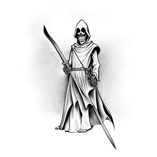 Grim Reaper holding a scythe and a scroll by his feet tattoo design idea