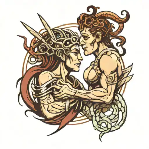 medusa and gladiator fighting tattoo design idea