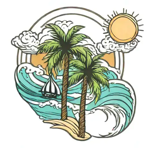 palm trees beach sand waves sun rays tattoo design idea