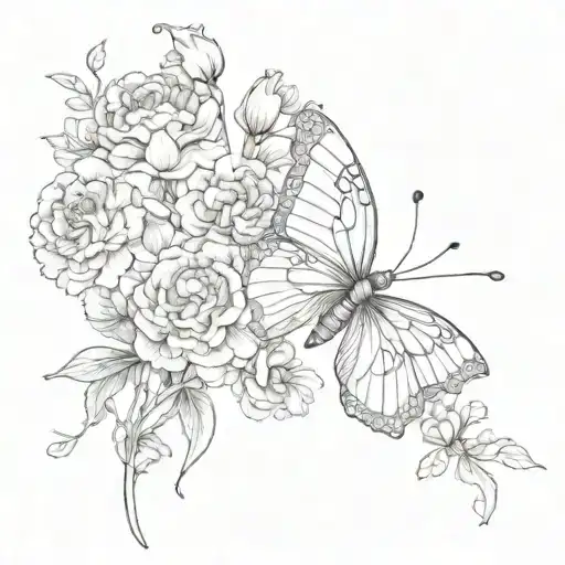 Butterfly and carnations flowers tattoo design idea