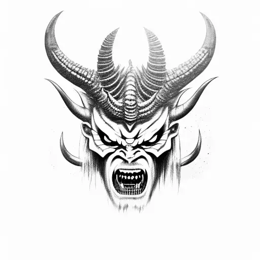 Dark Oni mask with 2 set of horns with sharp fangs, completely black eyes with third eye and no shading sharp teeth  tattoo design idea