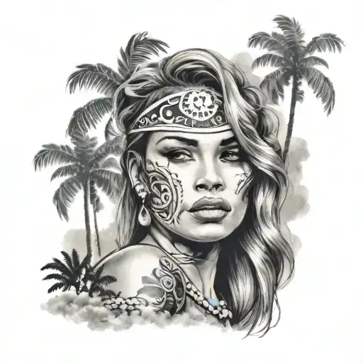 Chicano girl tattoo, with mesh overlay, palm trees background and clouds  tattoo design idea