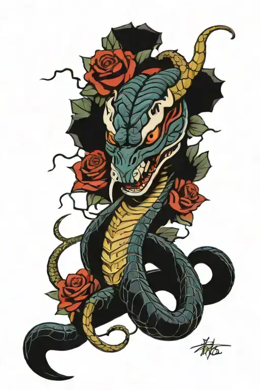 king cobra wrapped in oni mask with flowers and lightning bolt  tattoo design idea