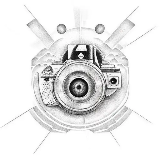 Create a dotwork tattoo featuring a camera lens morphing into a gaming controller tattoo design idea