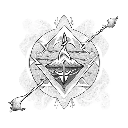 ocean scene with symbols of a lightning bolt, crown, trident, wheat, sword, fire, harp, seashell, anvil, bow and arrow tattoo design idea