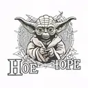 Yoda from star wars with Scrabble tiles underneath spelling the word hope tattoo design idea