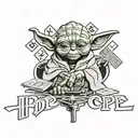 Yoda from star wars with Scrabble tiles underneath spelling the word hope tattoo design idea