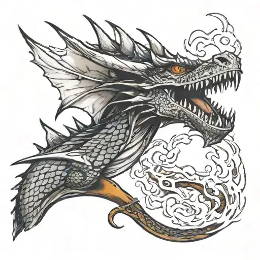 angry dragon face breathing fire mearged into a flying V guitar tattoo design idea