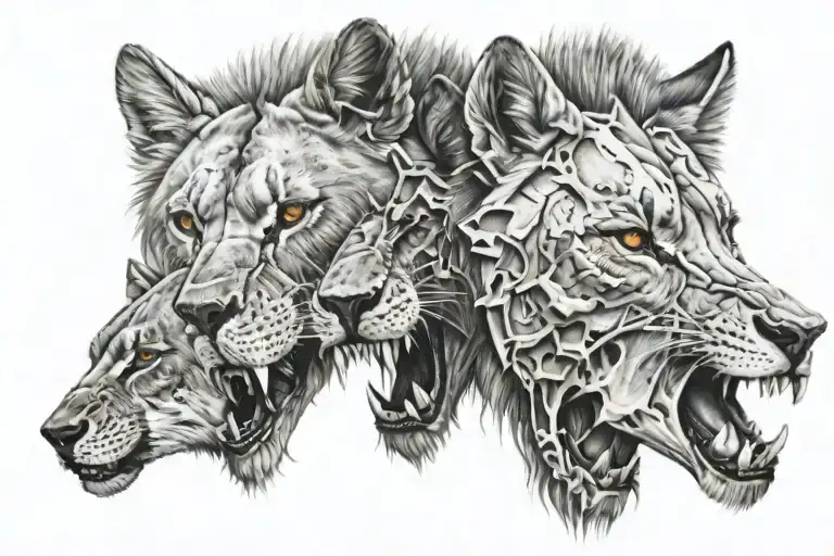 lion skull and 2 wolfs side by side bloody  tattoo design idea