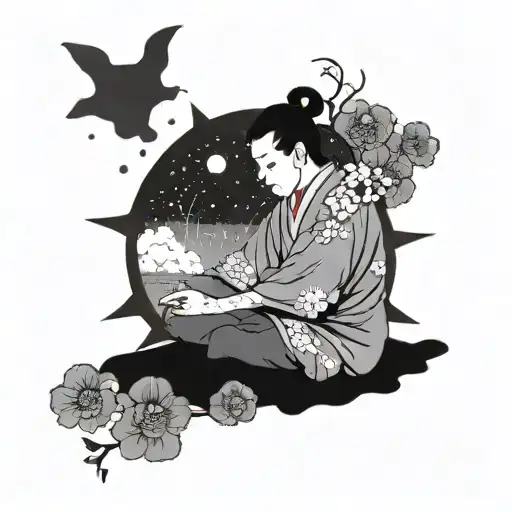 Gutz meditating while watching the stars infront of a river  tattoo design idea