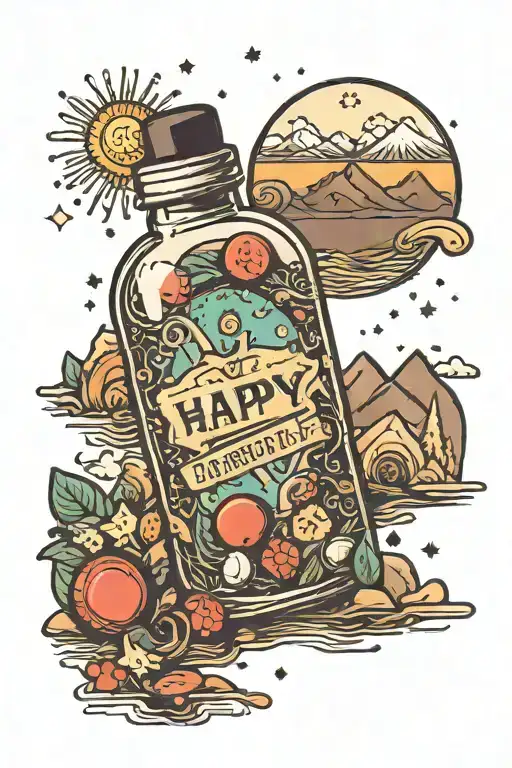 medicine bottle labeled happy pills symbolizing depression with stars and mountain scenery tattoo design idea